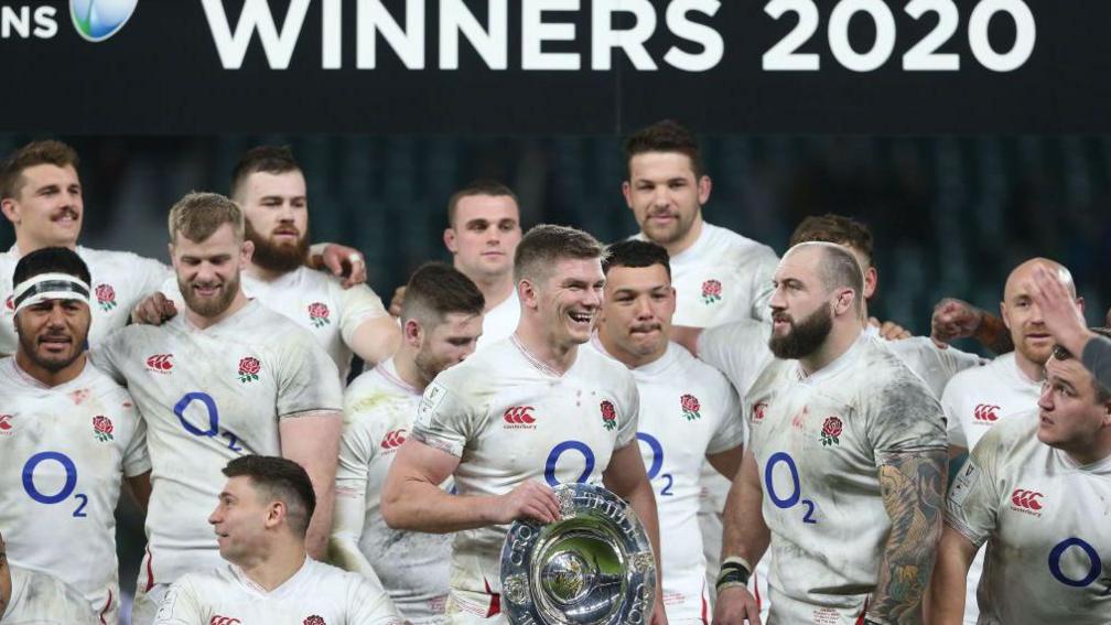 England players celebrate winning the 2020 Six Nations championship after beating Italy in round five 