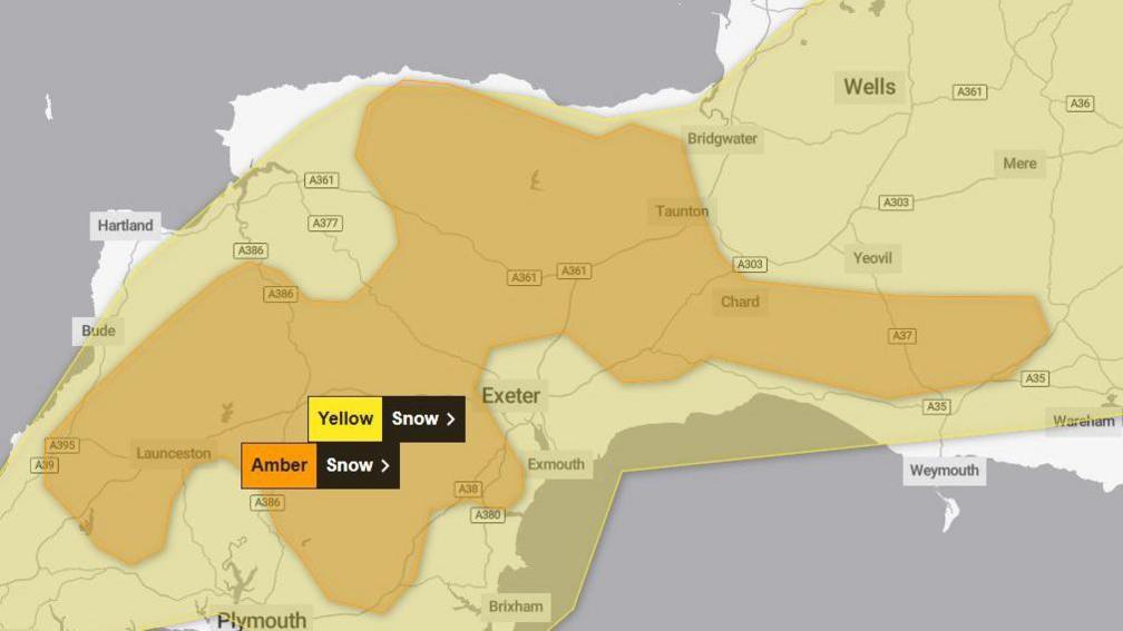 A map showing the South West of England. There is a large yellow shaded block covering most of the map, indicating a yellow warning for snow. A smaller irregular shaped orange block, covering areas of Somerset and Devon, indicates an amber warning for snow.