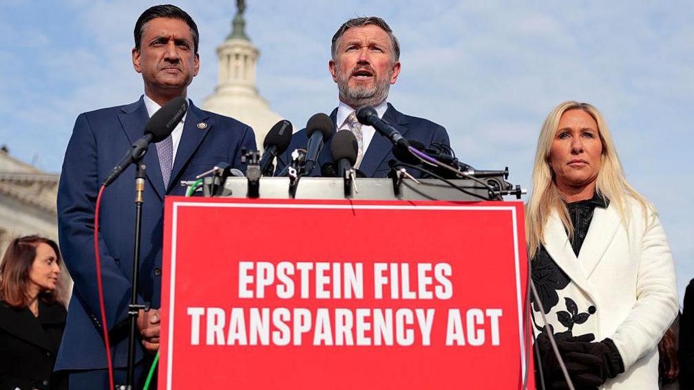 Thomas Massie speaks alongside U.S. Rep. Ro Khanna and Marjorie Taylor Greene during a news conference on the Epstein Files Transparency Act 