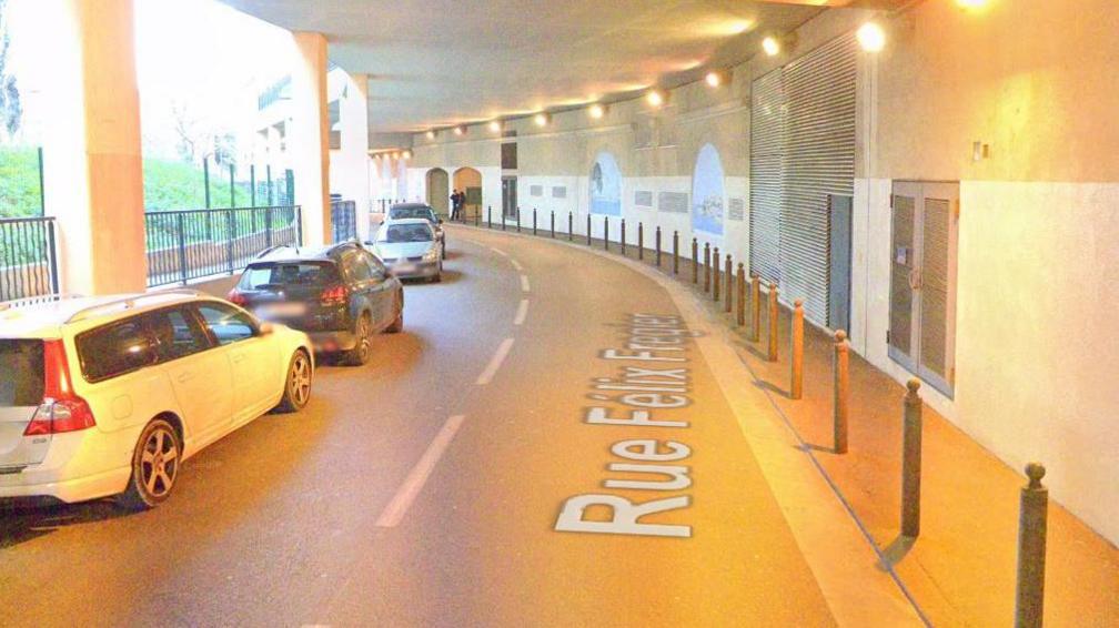 A screenshot from Google Streetview shows cars parked along an underpass on Rue Felix Fregier in Marseille, where Banksy's new artwork has been painted