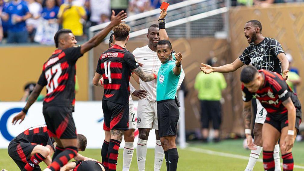 Nicolas Jackson is shown a straight red card against Flamengo