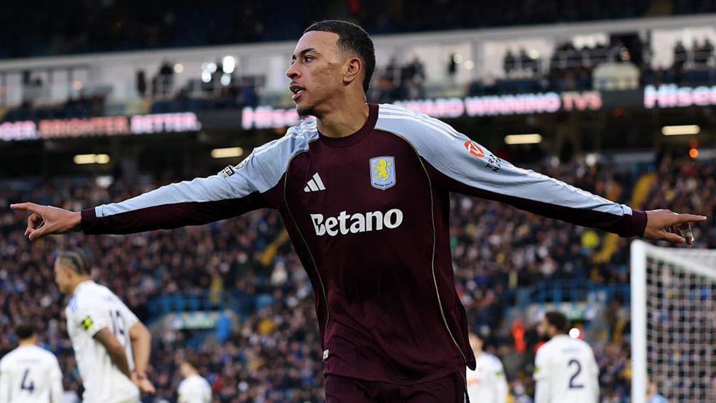 Morgan Rogers celebrates scoring for Aston Villa against Leeds