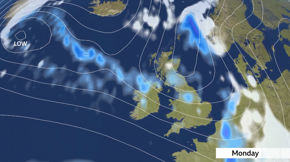 Meteorological map showing an area of low pressure to the north of the UK on Monday with some rain showers but also plenty of dry weather