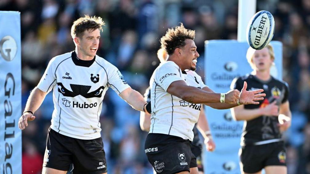 Gabriel Oghre celebrates scoring a try in Bristol Bears' comeback win against Exeter Chiefs