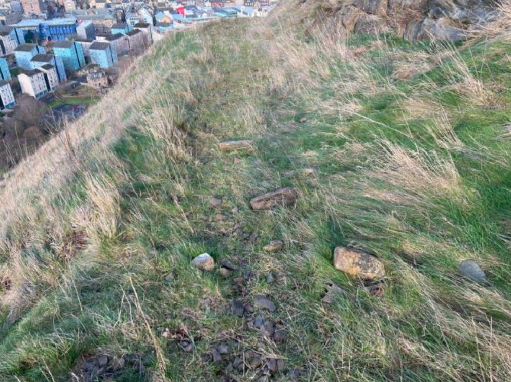 The overgrown Radical Road path, with big rocks lying on it, next to the rockface of the Salisbury Crags