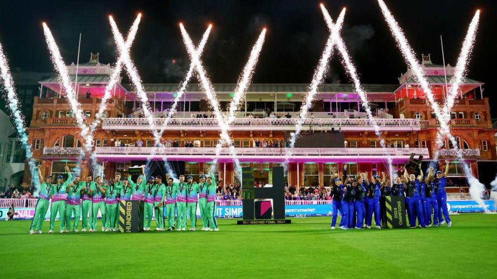 Oval Invincibles and London Spirit players celebrate winning The Hundred in 2024 at Lord's