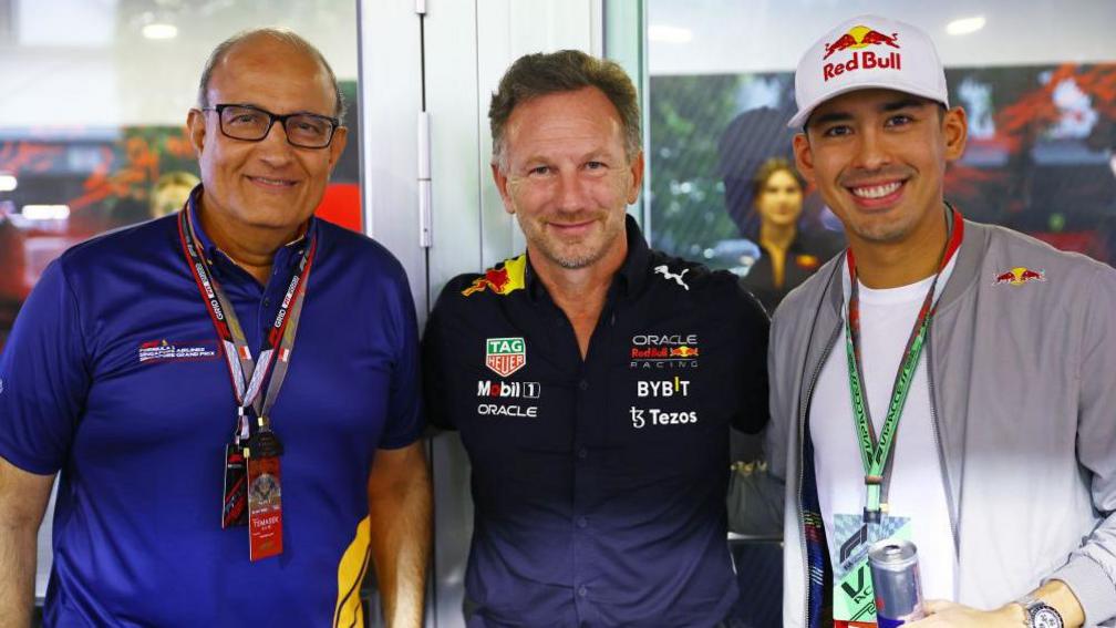 S. Iswaran, Transport Minister for Singapore, Red Bull Racing Team Principal Christian Horner and Prince Jefri Ibrahim pose for a photo on October 2022