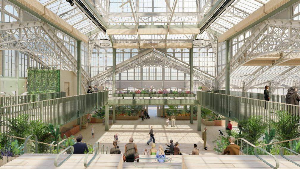 An artist impressions of the inside of the Winter Gardens in Great Yarmouth, Norfolk. The building is a glasshouse which is decorated with plants and has steps through the middle of it.