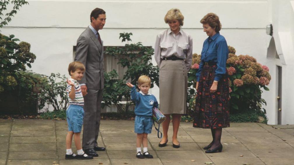 Young Prince WIlliam and Harry wave with their parents Charles and Diana. 