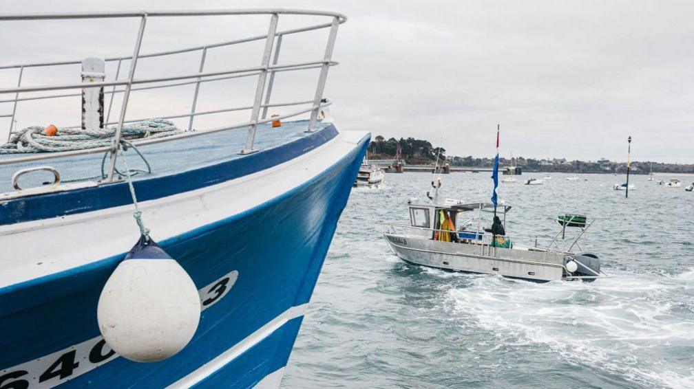 A French fishing boat involved in a protest by fishermen blocking the port in Saint-Malo, France, on Friday, Nov. 26, 2021