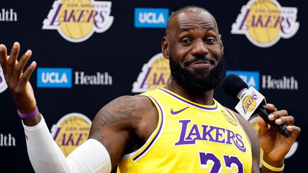 LeBron James speaking at an LA Lakers media event