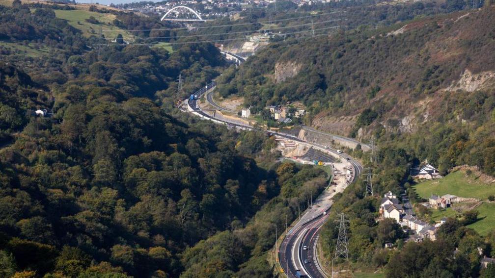 A general view of the A465 Dual carriageway project between Brynmawr and Gilwern showing the split level carriageway at Clydach Gorge near Abegavenny