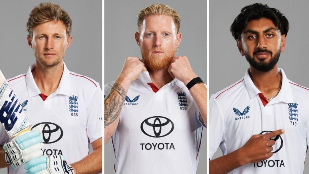 A split graphic of Joe Root, Ben Stokes and Shoaib Bashir.