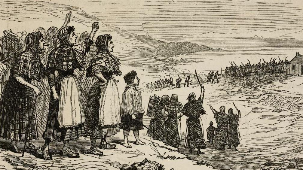 An illustration showing women and children in Lewis in the Western Isles shouting and waving their arms at police in the distance.