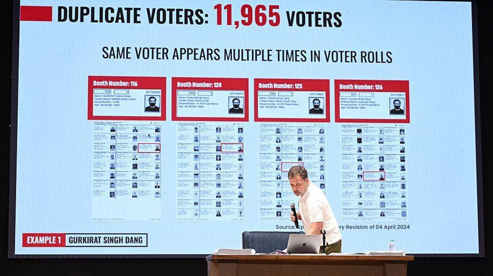 Congress MP Rahul Gandhi addresses a press conference in New Delhi, India with election data on the screen behind him.