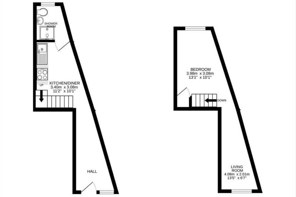 The floor plans for both storeys of the house. The kitchen-diner is marked as being 3.40 x 3.08m and the bedroom is 3.98 x 3.08m. Downstairs is a kitchen-diner, shower room and hall while upstairs is a bedroom and living room divided by a staircase.