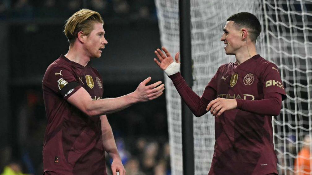 Kevin de Bruyne and Phil Foden celebrate scoring against Ipswich