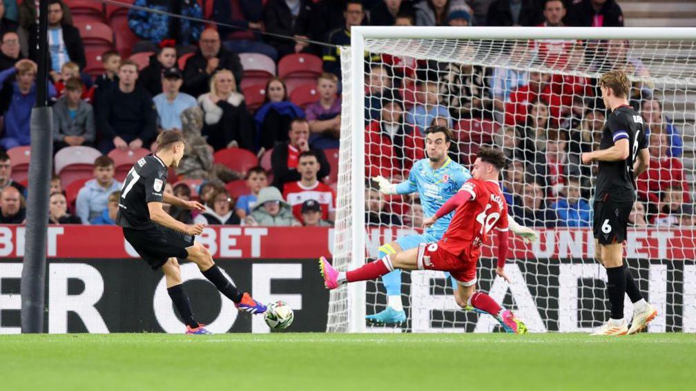 Emre Tezgel scores for Stoke against Middlesbrough in their League Cup tie in August 2024