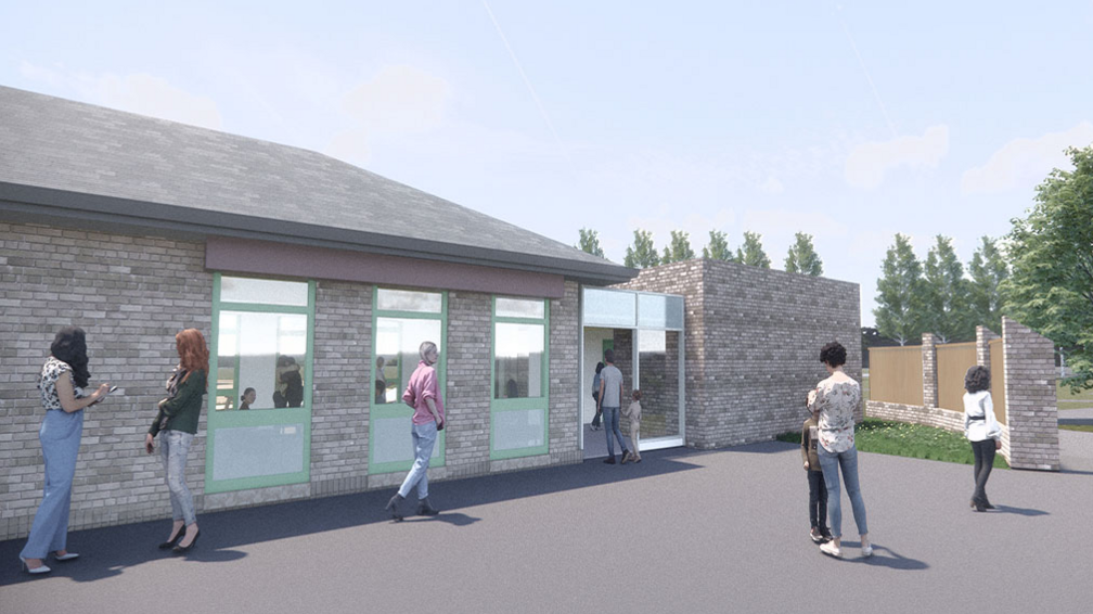 An architects computer generated version of what the new café and toilet block will look like. Being built over some of the park's existing green space it has a 1960s vibe, being single-story with grey bricks and mint green coloured windows.