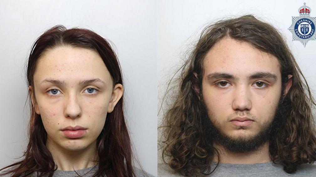 A composite image showing police mugshots of Scarlett Jenkinson, who has greasy looking, shoulder-length dyed red hair and Eddie Ratcliffe, who has thick dark brown shoulder-length hair and a wispy beard. Both look into the camera with blank expressions.