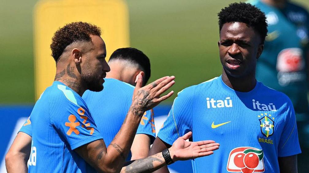 Brazil's Neymar and Vinicius Junior during training