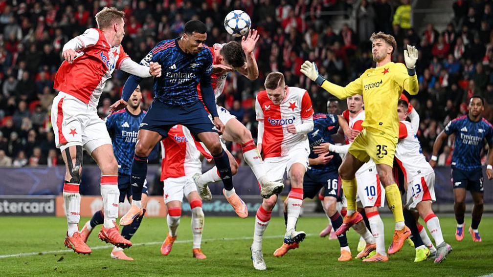 Lukas Provod of Slavia Prague handles the ball in the area leading to a VAR penalty to Arsenal.
