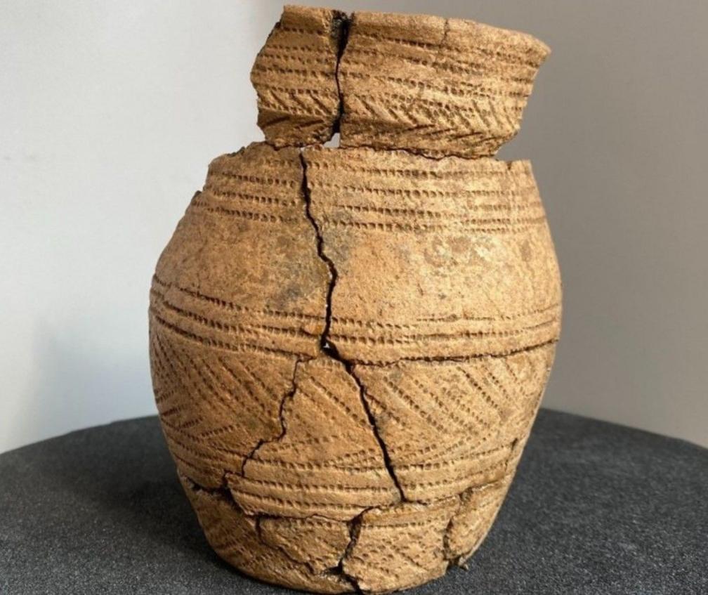 A cracked beaker vessel that was uncovered at the Milestone Ground