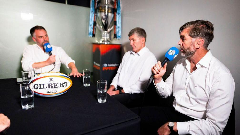Geoff Parling and Rob Baxter sit with Chris Jones 
