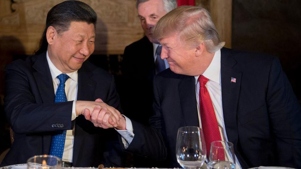 US President Donald Trump (R) and Chinese President Xi Jinping (L) shake hands during dinner at the Mar-a-Lago estate in West Palm Beach, Florida, on April 6, 2017.
