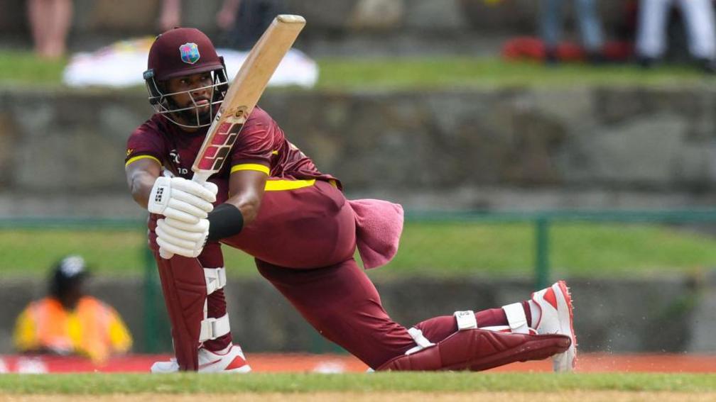 Shai Hope hits a boundary during the second ODI between West Indies and England. 