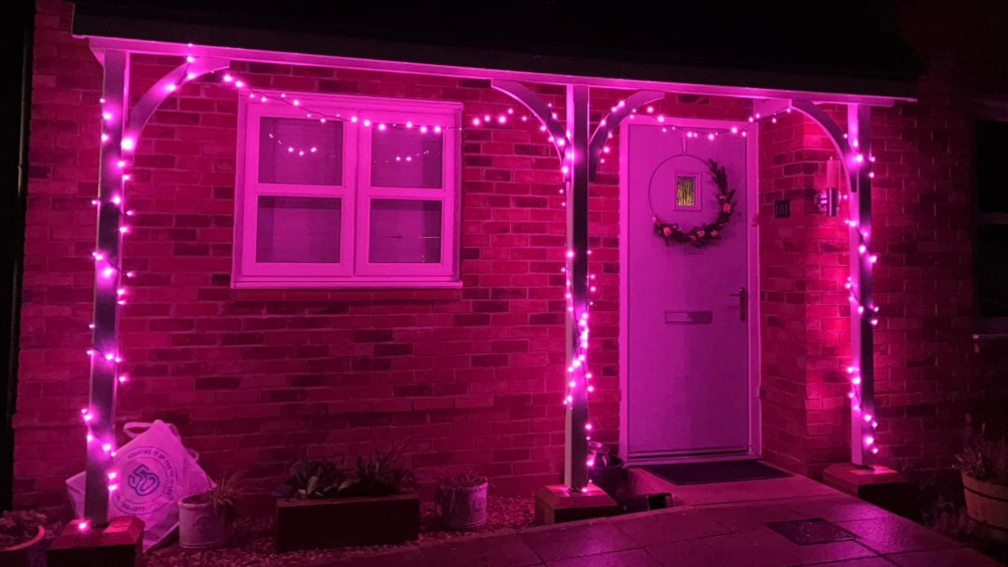 A house with pink lights