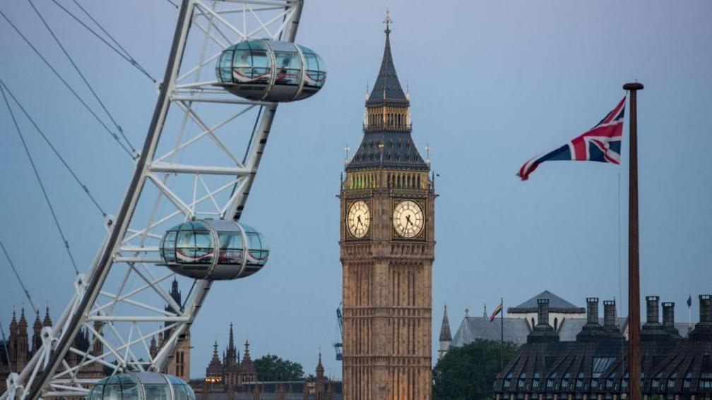 A view of the Palace of Westminster, with the London Eye in the foreground