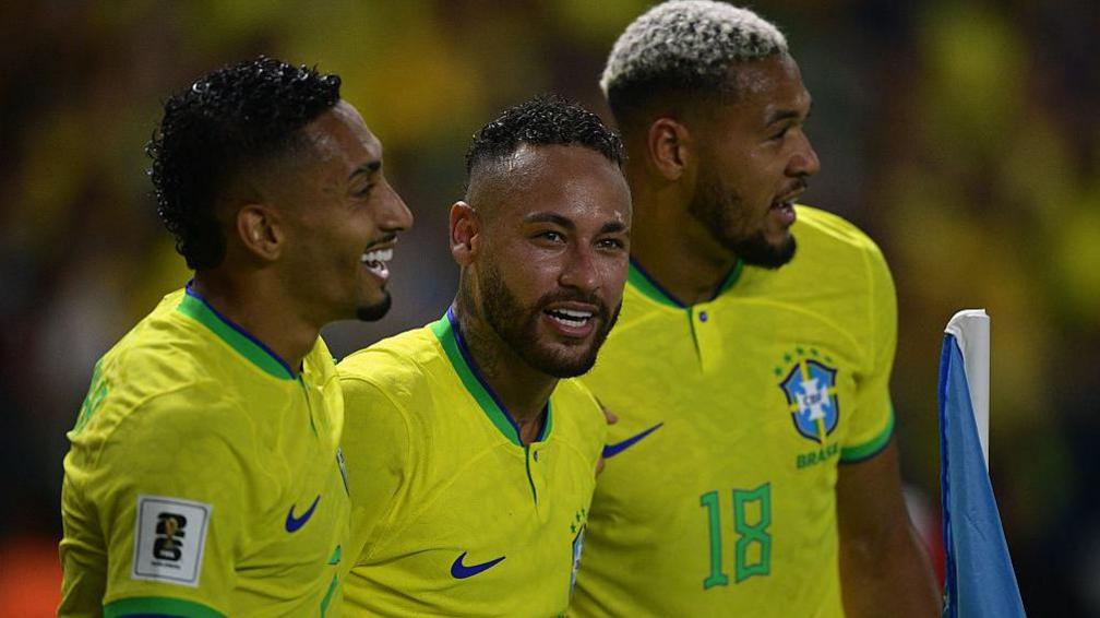 Raphinha, Neymar and midfielder Joelinton celebrate