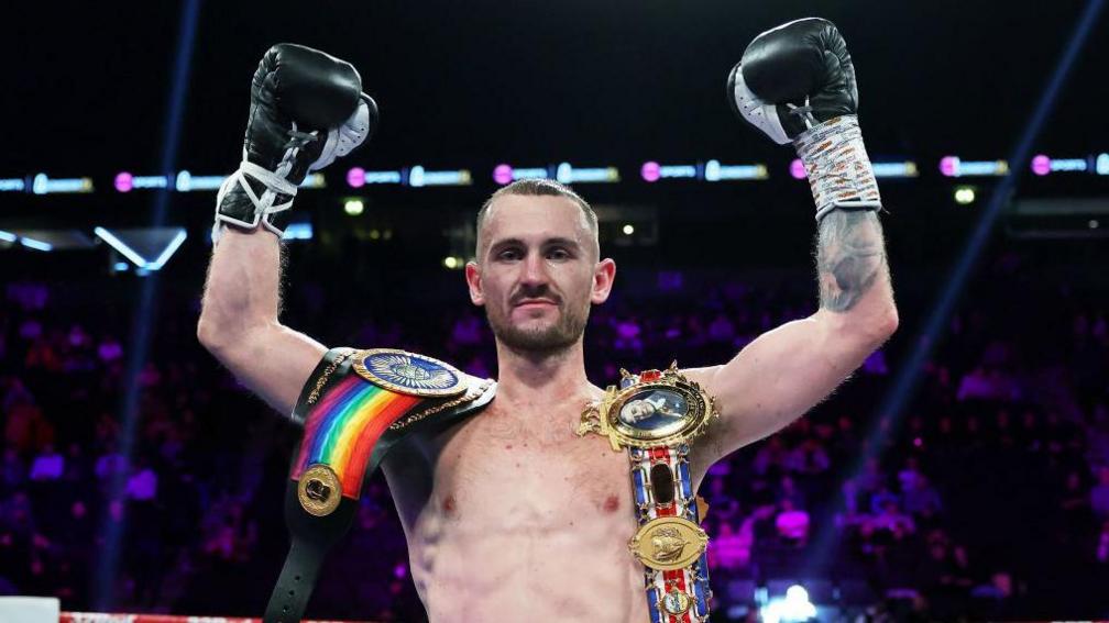 Harry Scarff celebrates following victory in the British and Commonwealth welterweight Championship in Manchester.erweight 