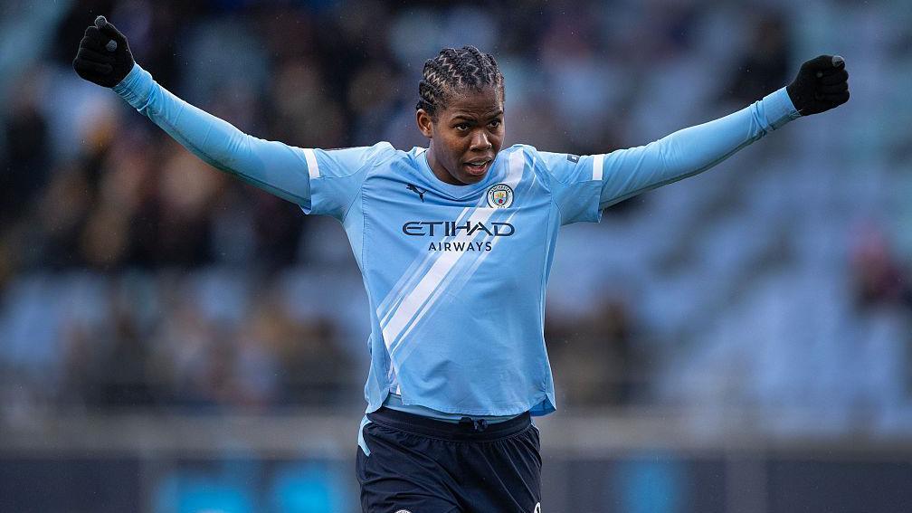 Khadija Shaw celebrates scoring for Manchester City in the Women's Super League
