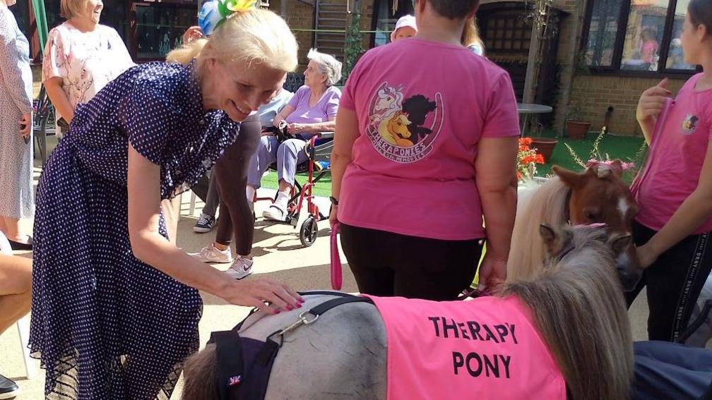 A blonde woman in a navy dress strokes one of the ponies in an outside courtyard at the care home. The light brown pony has a pink cover on its back reading "Therapy Pony".