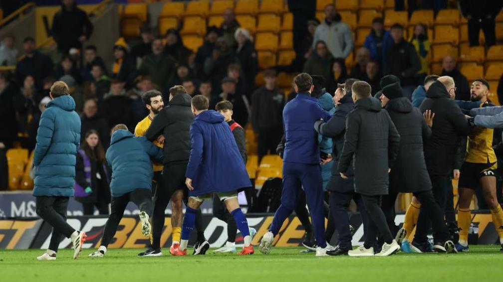 Wolves defender Rayan Ait-Nouri is involved in an altercation after the final whistle of the Premier League defeat by Ipswich at Molineux