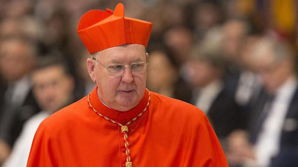 Kevin Farrell is pictured in the red hat and robes of a cardinal in St Peter's Basilica in the Vatican in November 2016