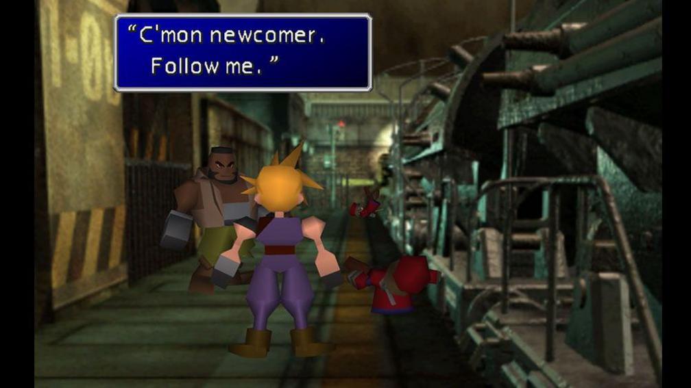 Screenshot shows two simple, polygonal characters in a train station setting. A dialogue box at the top of the screen reads: "C'mon newcomer, follow me". The characters are rendered in 3D but the background is a static 2D image.