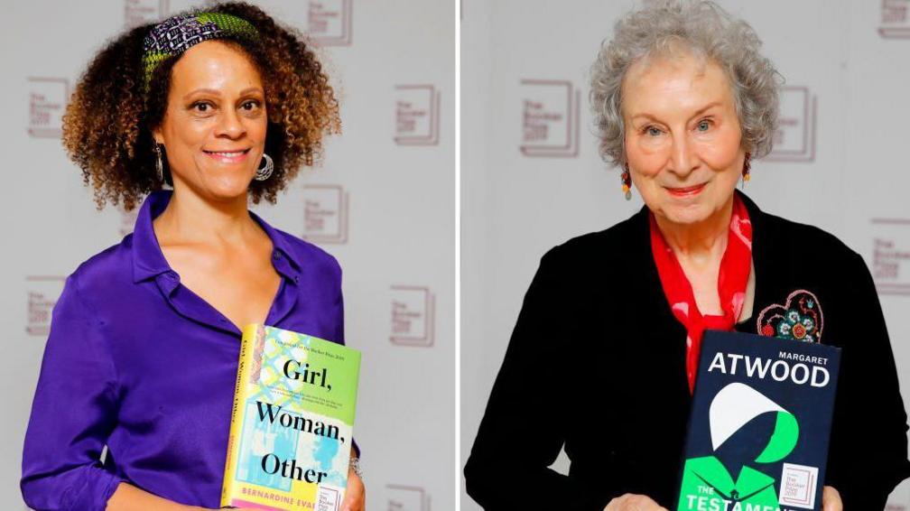 Bernardine Evaristo, wearing a silk purple shirt, and Margaret Atwood, wearing a black cardigan and red scarf