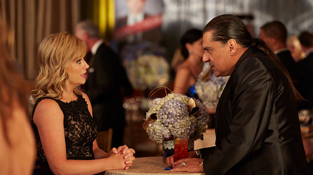 Amy Poehler as Leslie Knope and Jonathan Joss as Chief Ken Hotate in Parks and Recreation