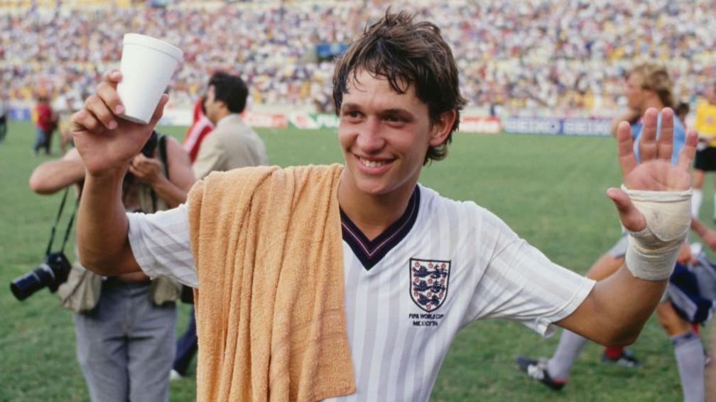 Gary Lineker has a drink after England's 1986 World Cup match against Poland