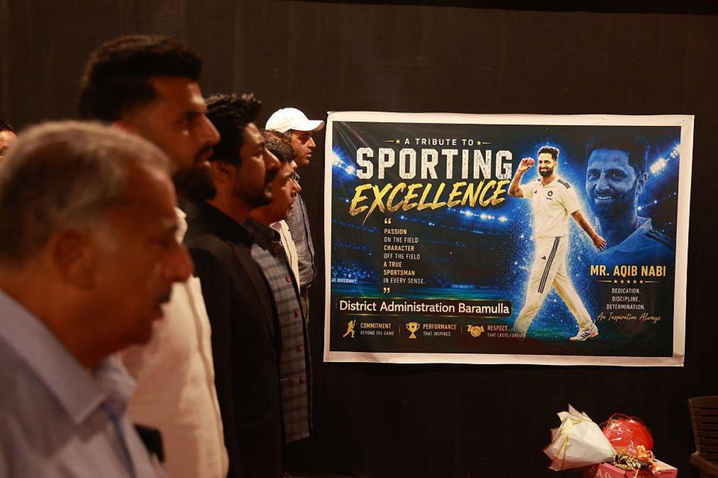 District administration honors cricketer Auqib Nabi Dar for his Ranji Trophy performance and Indian Premier League bid in Baramulla, Jammu and Kashmir, India, on June 10, 2026. 