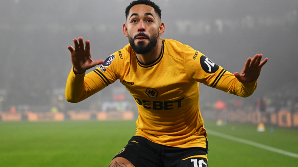 Wolves forward Matheus Cunha celebrates scoring against Manchester United in the Premier League