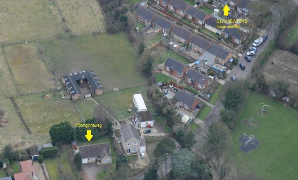 An aerial photograph shows the location or Mrs Crown's bungalow (bottom, left) and Newton's home (top, right). There are several houses in between and open green spaces