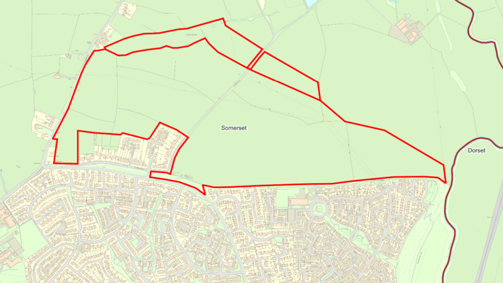 An OS map highlighting the location of the new housing development north of Yeovil