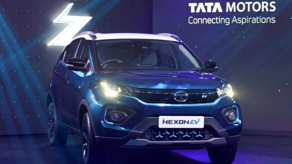 The picture shows the Tata Nexon EV electric car after its launch in Mumbai on January 28, 2020