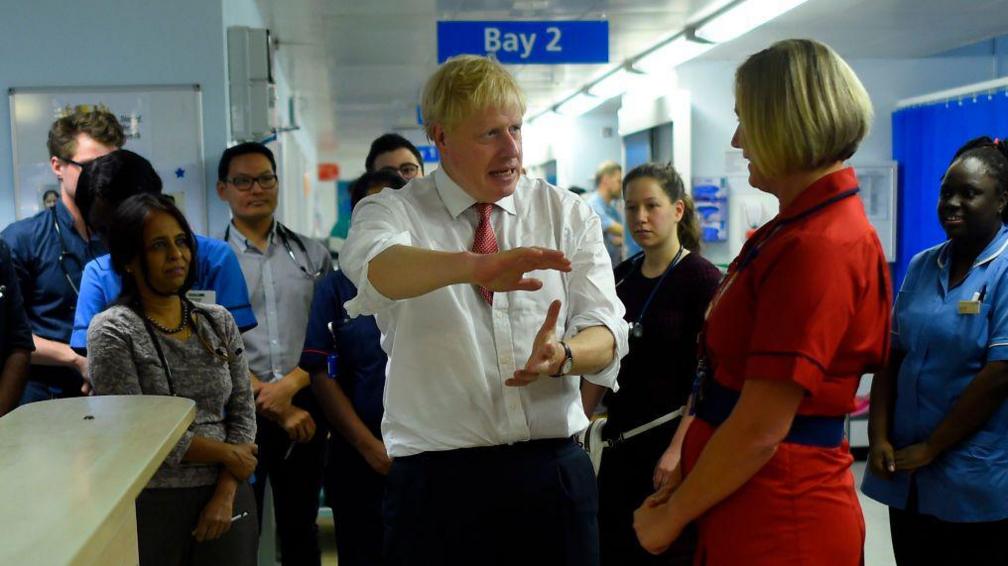 Borish Johnson speaking to staff in Watford General Hospital