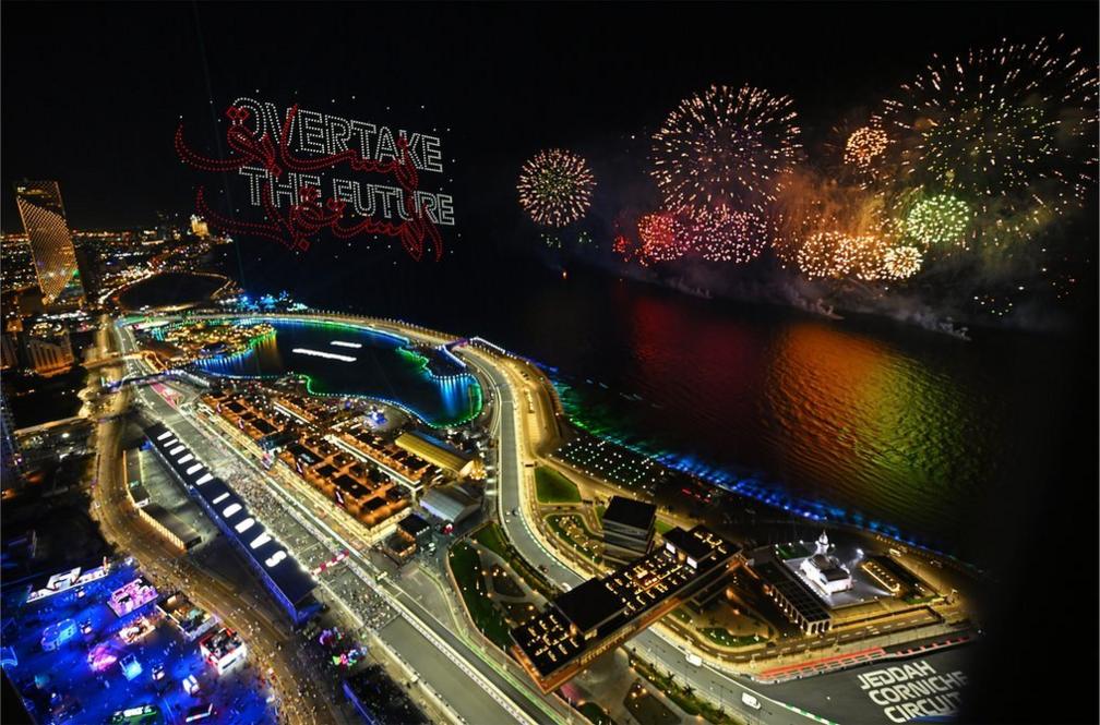 A general view of fireworks at the podium celebrations after the Saudi Arabian GP in Jeddah