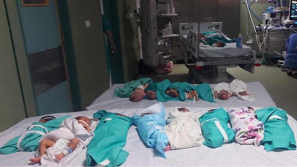 An image sent to the BBC of a number of newborn babies being kept in a surgical theatre at Al-Shifa hospital